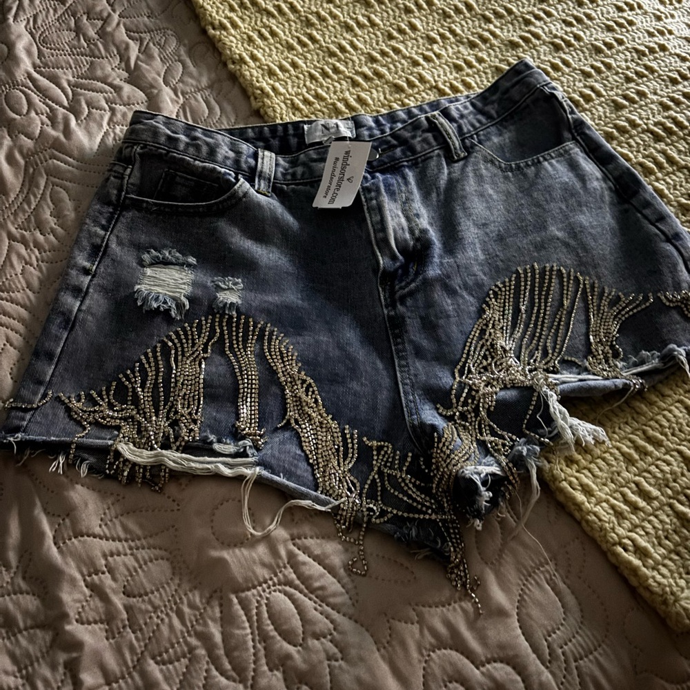 N 1 Rhinestone Embellished Denim Shorts